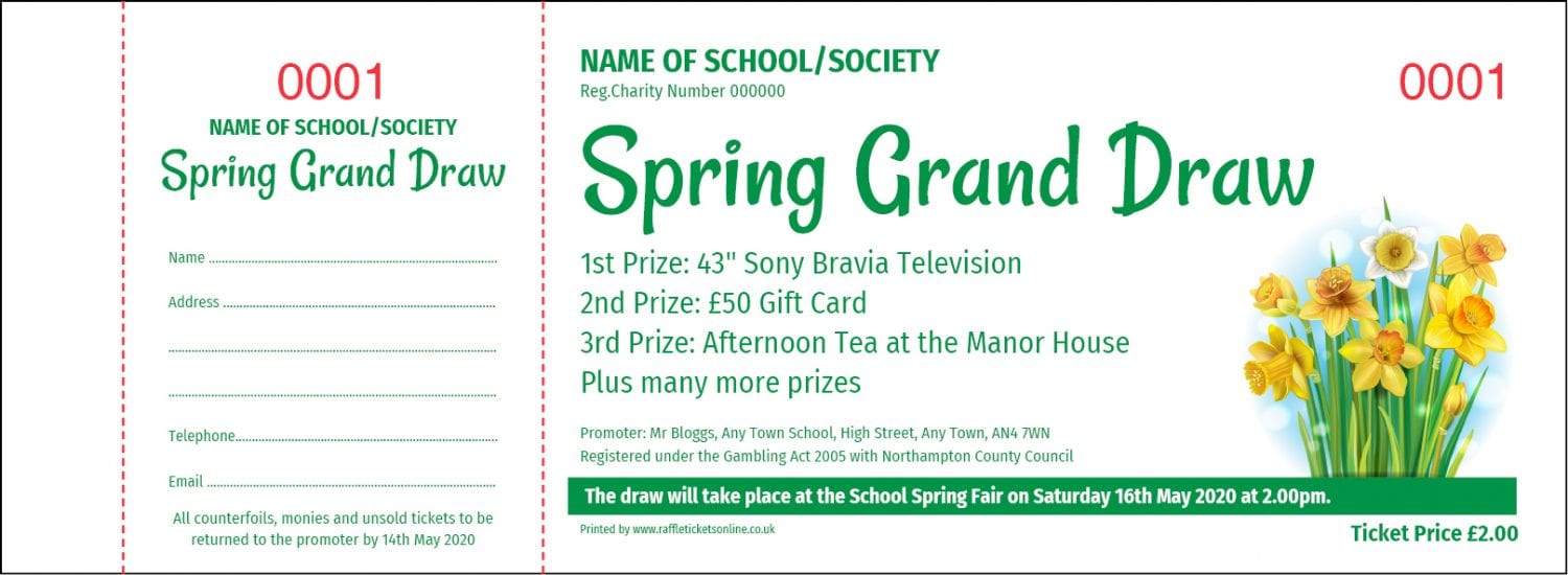 Spring Prize Draw raffle ticket template with daffodils
