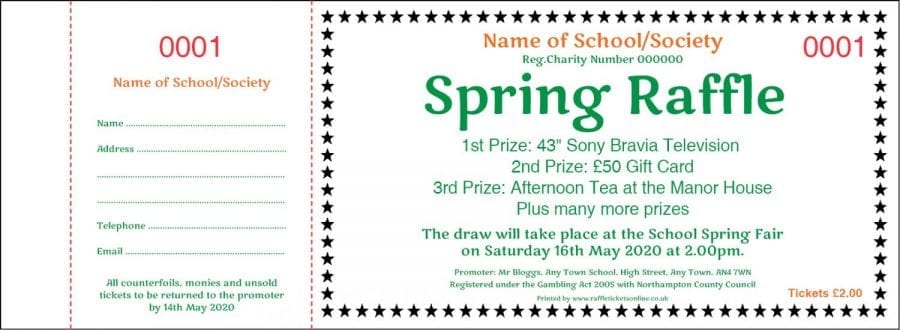 Spring Prize Draw Raffle Ticket Template with star border.