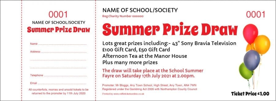 Summer Colour Balloons Prize Draw Raffle Tickets